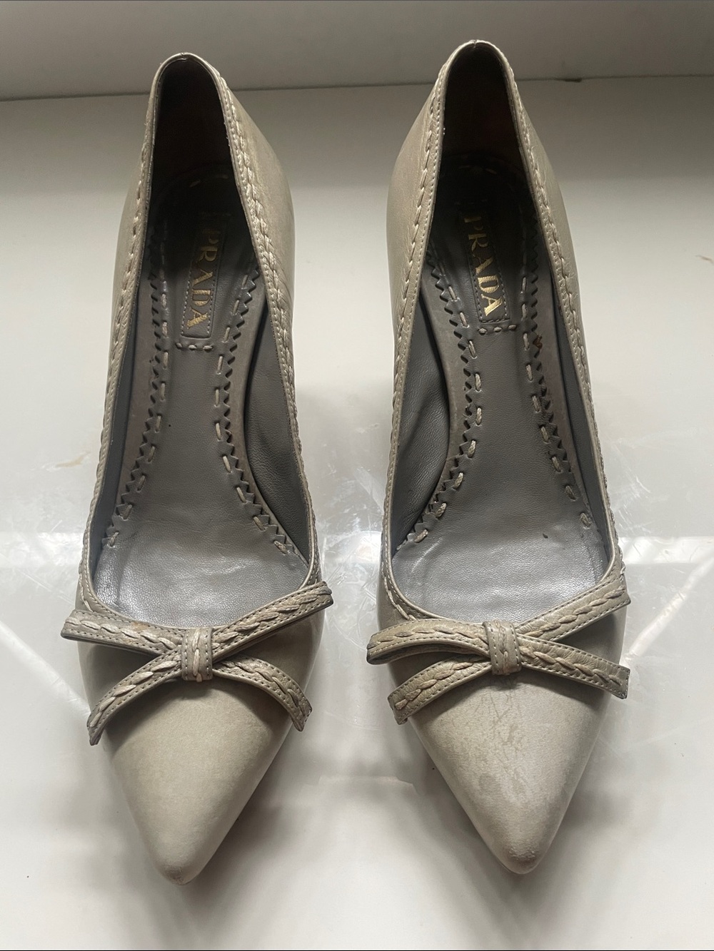 Prada Cream Pointed-Toe Bow Pumps shoes